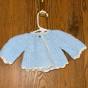 Handmade Crochet Vintage 1959 Blue Baby Booties, Bonnet, and Sweater Set